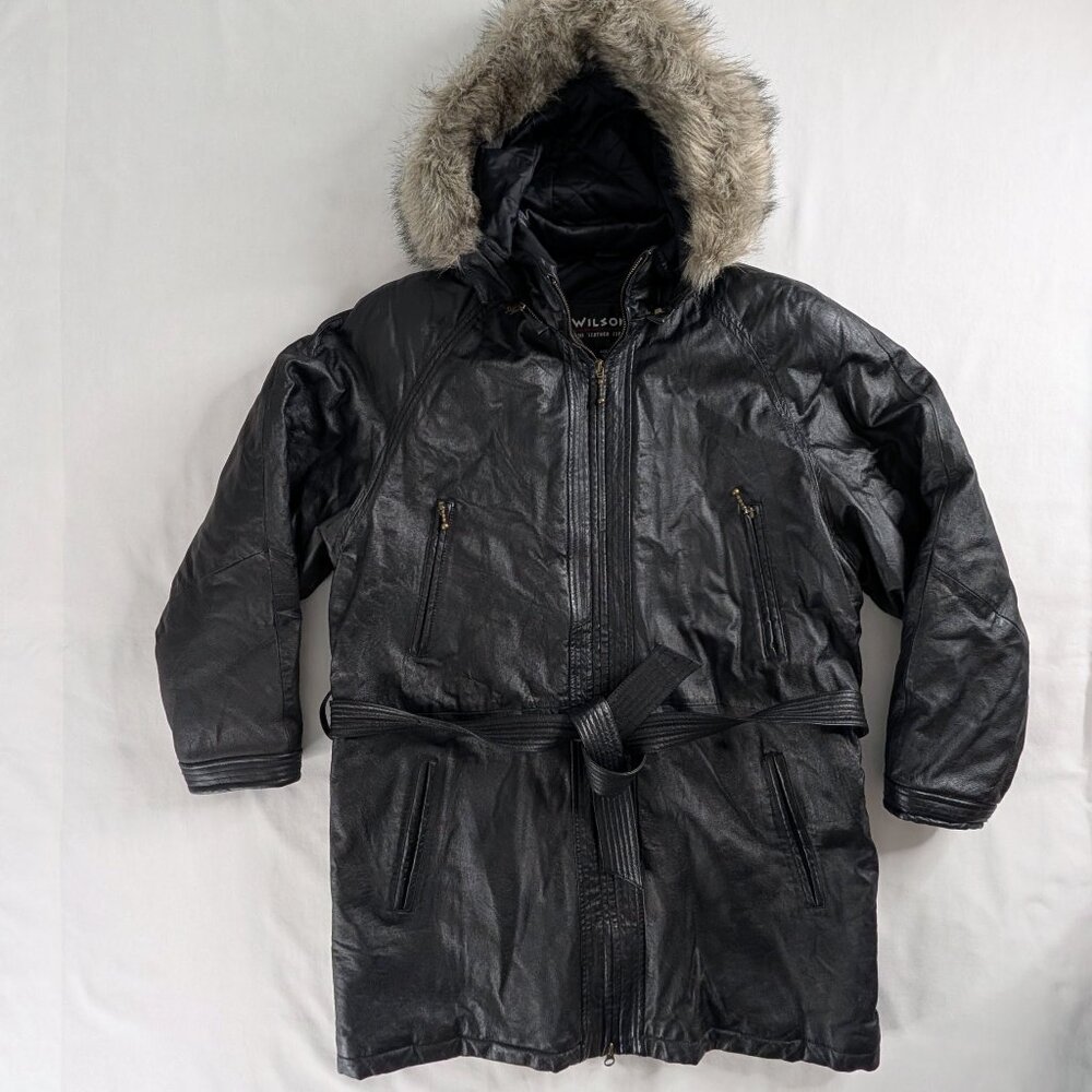 VTG Wilsons Leather Black Leather Faux Fur Trim Hood Belted Coat Mobwife